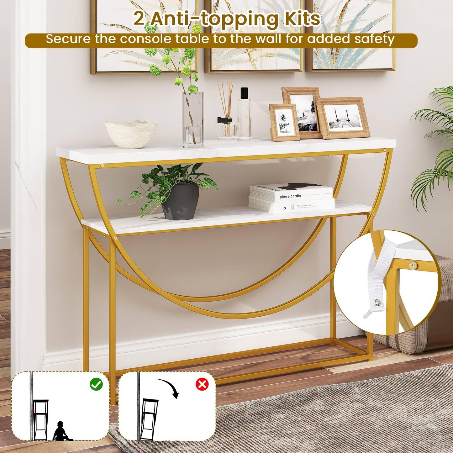 2-Tier Faux Marble Top Console Table with Storage Shelf