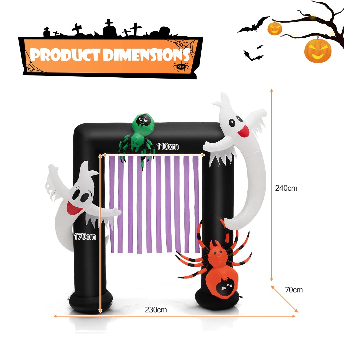 8 Feet Halloween Inflatable Archway with 2 Haunted Ghosts and Spiders