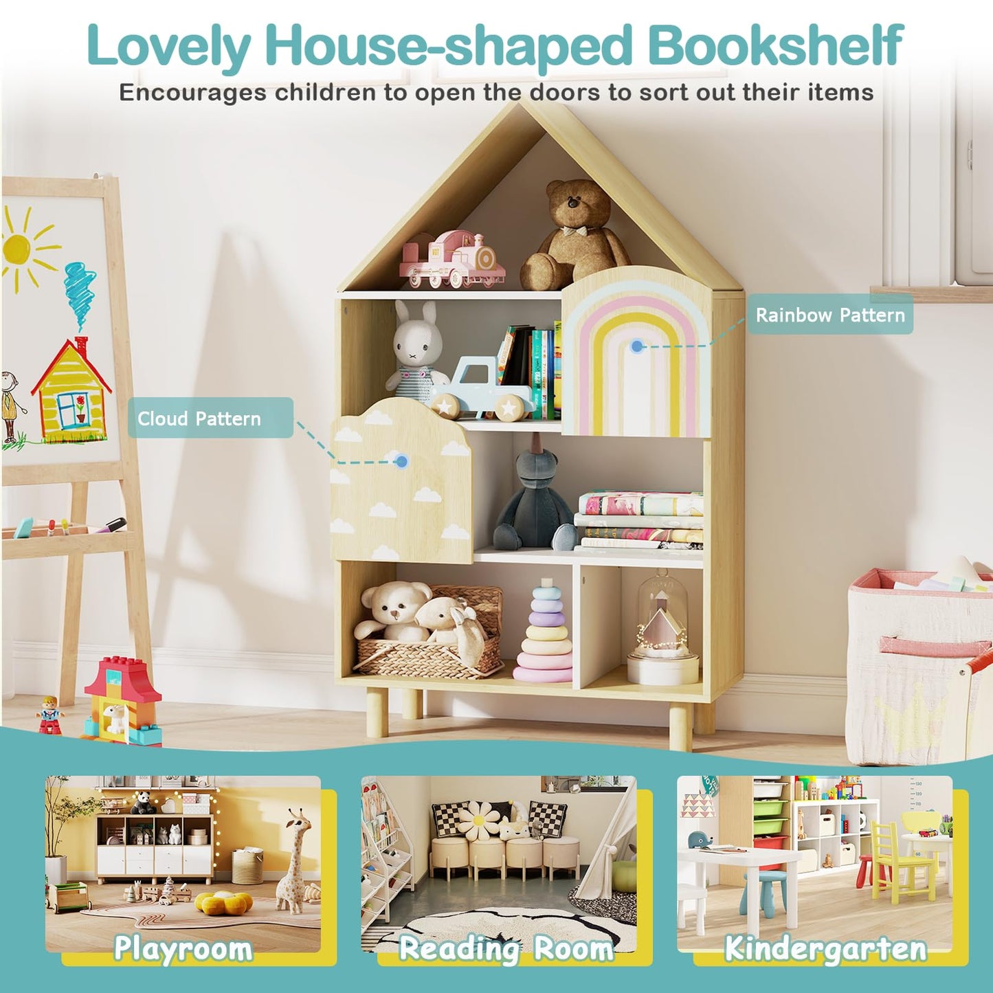 Kids Dollhouse Bookshelf with 2 Doors for Playroom Bedroom