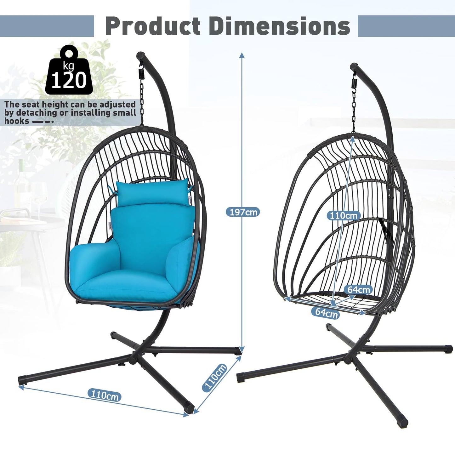 Foldable Rattan Swing Egg Chair with Stand & Soft Cushion