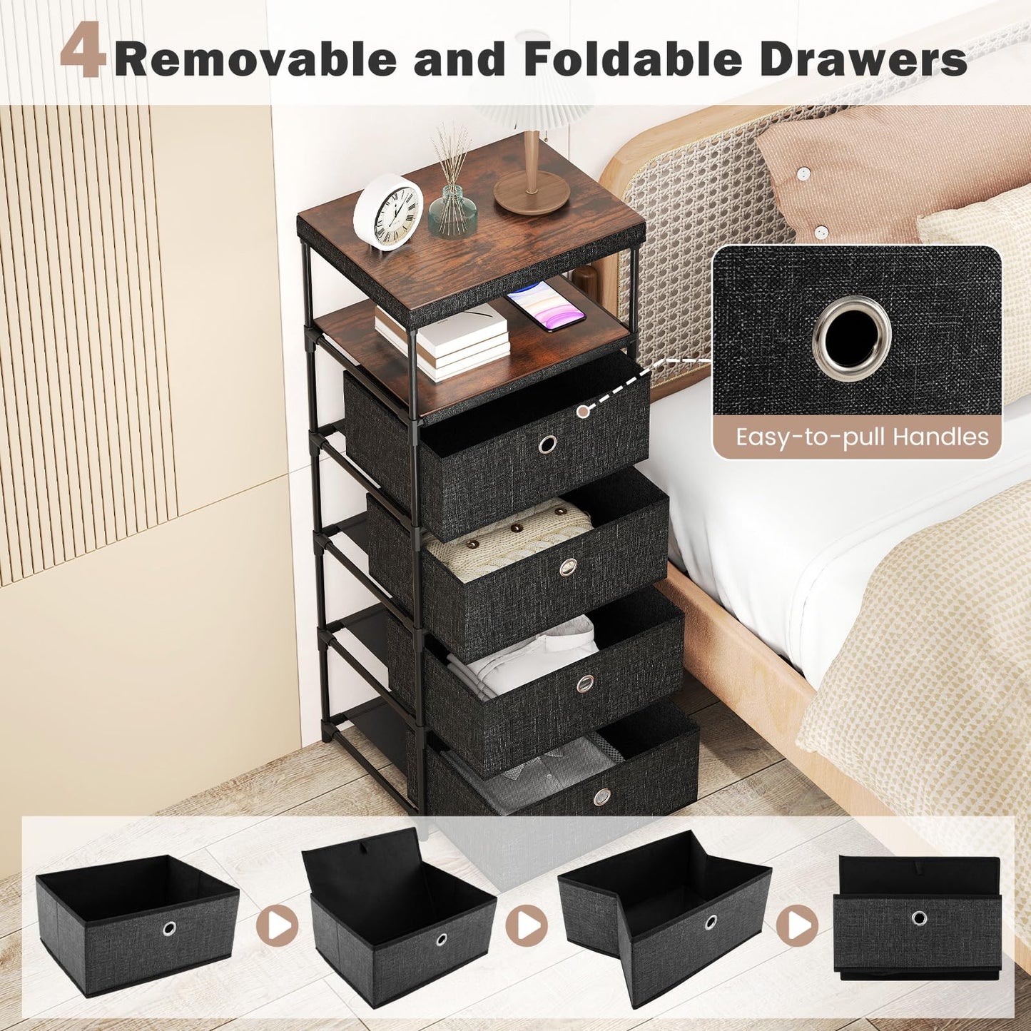 4 Drawer Fabric Dresser Tower with Wood Top and Open Shelf