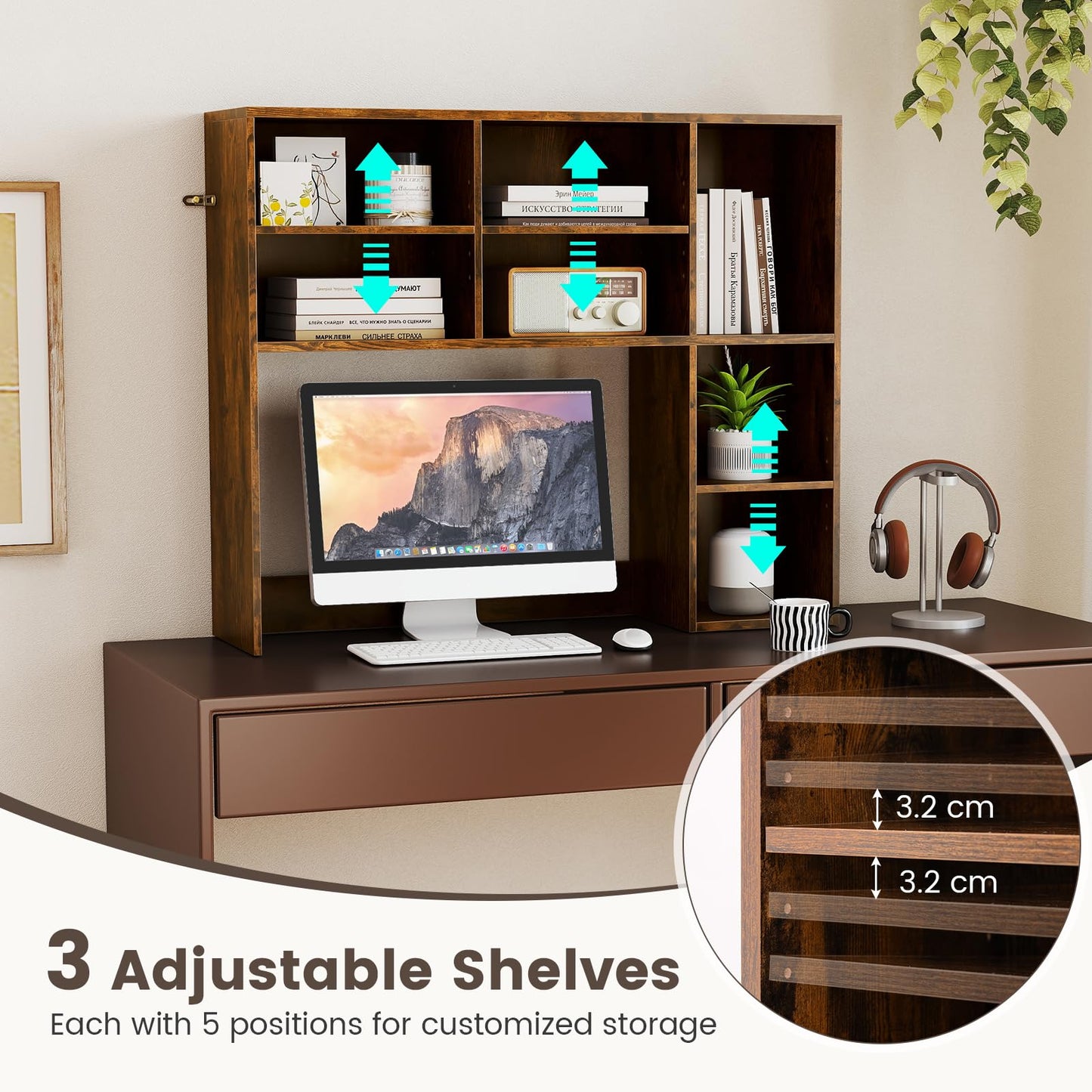 Countertop Bookcase with 3 Adjustable Shelves and Open Compartment