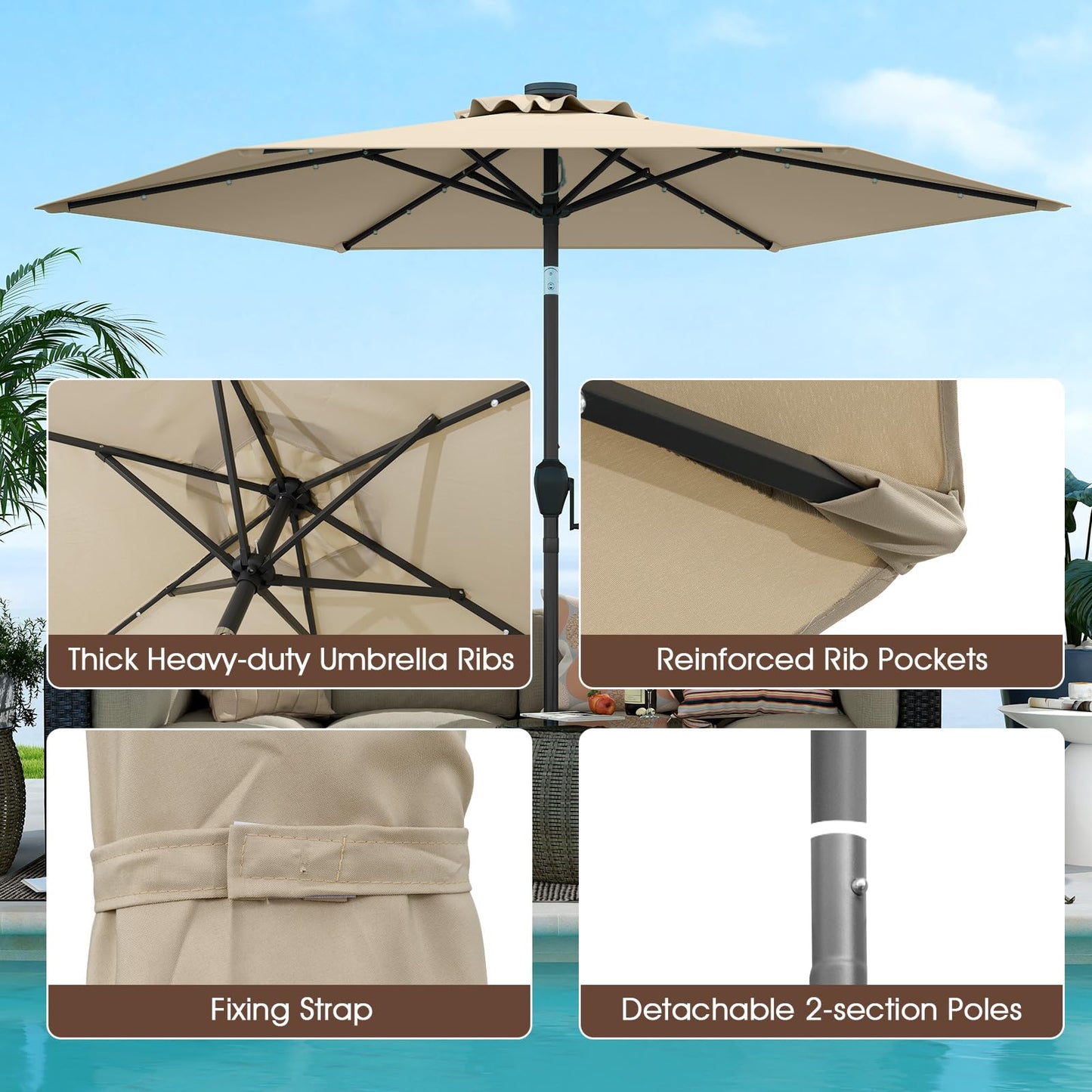 2.3M Outdoor Heavy Duty Umbrella with 18 LED Lights, Push Button Tilt
