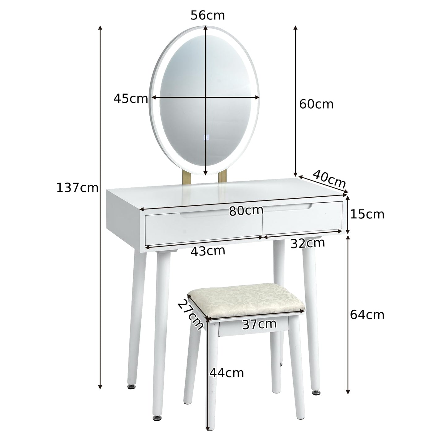 Dressing Table with 3-Color LED Lights Oval Mirror and Stool