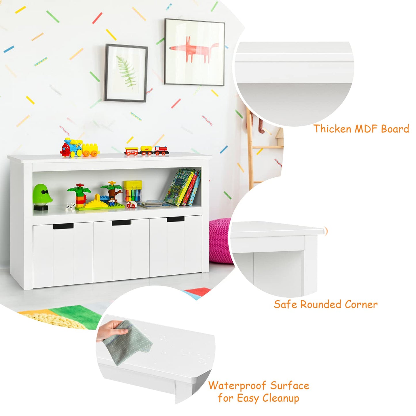 Wooden Playroom Chest with Drawers and Large Open Shelf