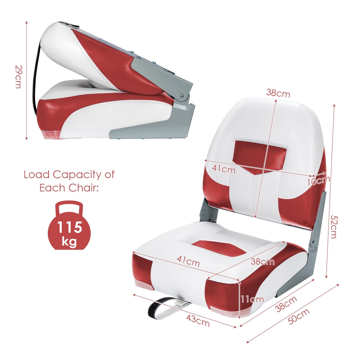 2 Pieces Folding Low-Back Boat Chair Set with Long Fixation Strap