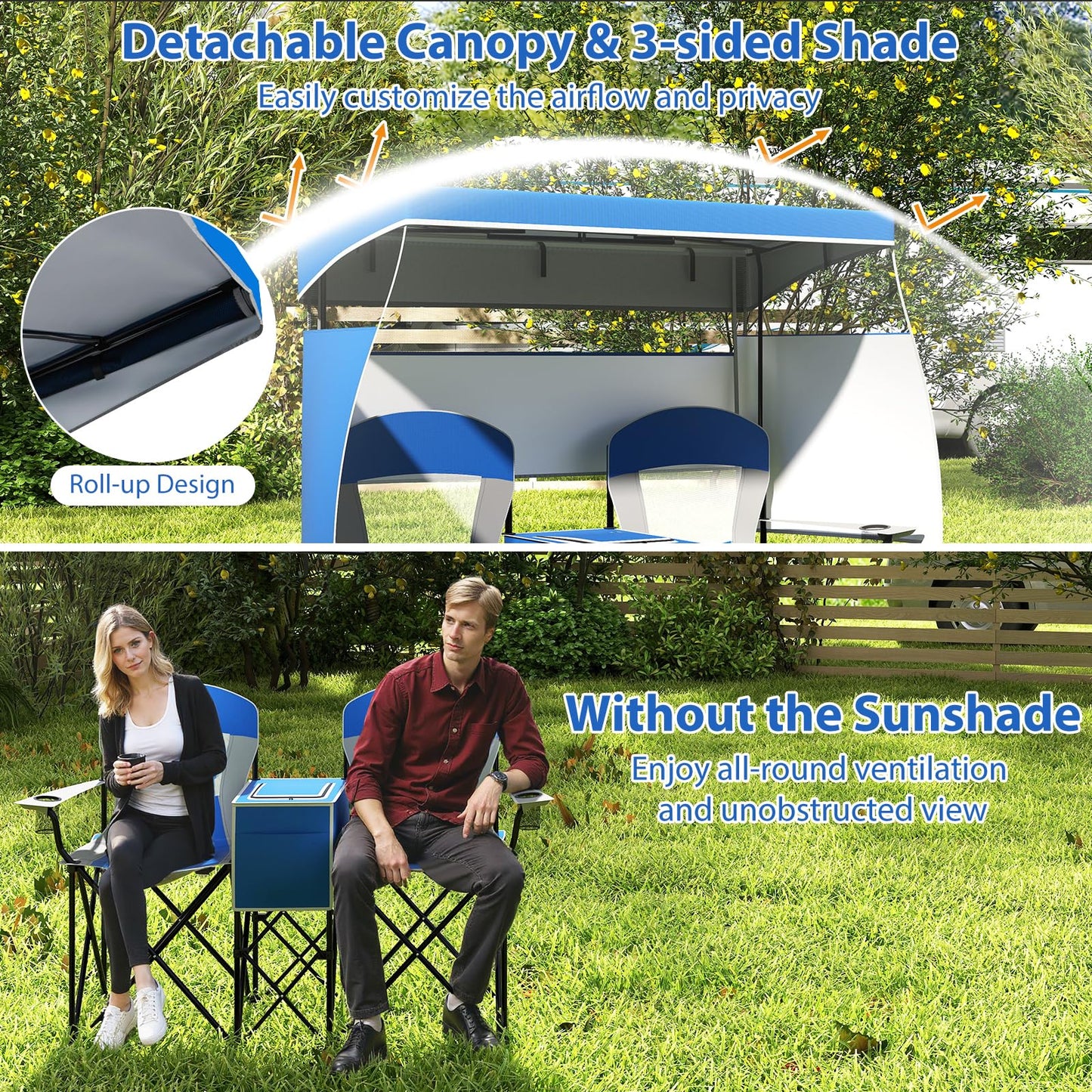 Outdoor Portable Double Folding Camping Chair with Roll-up Shade