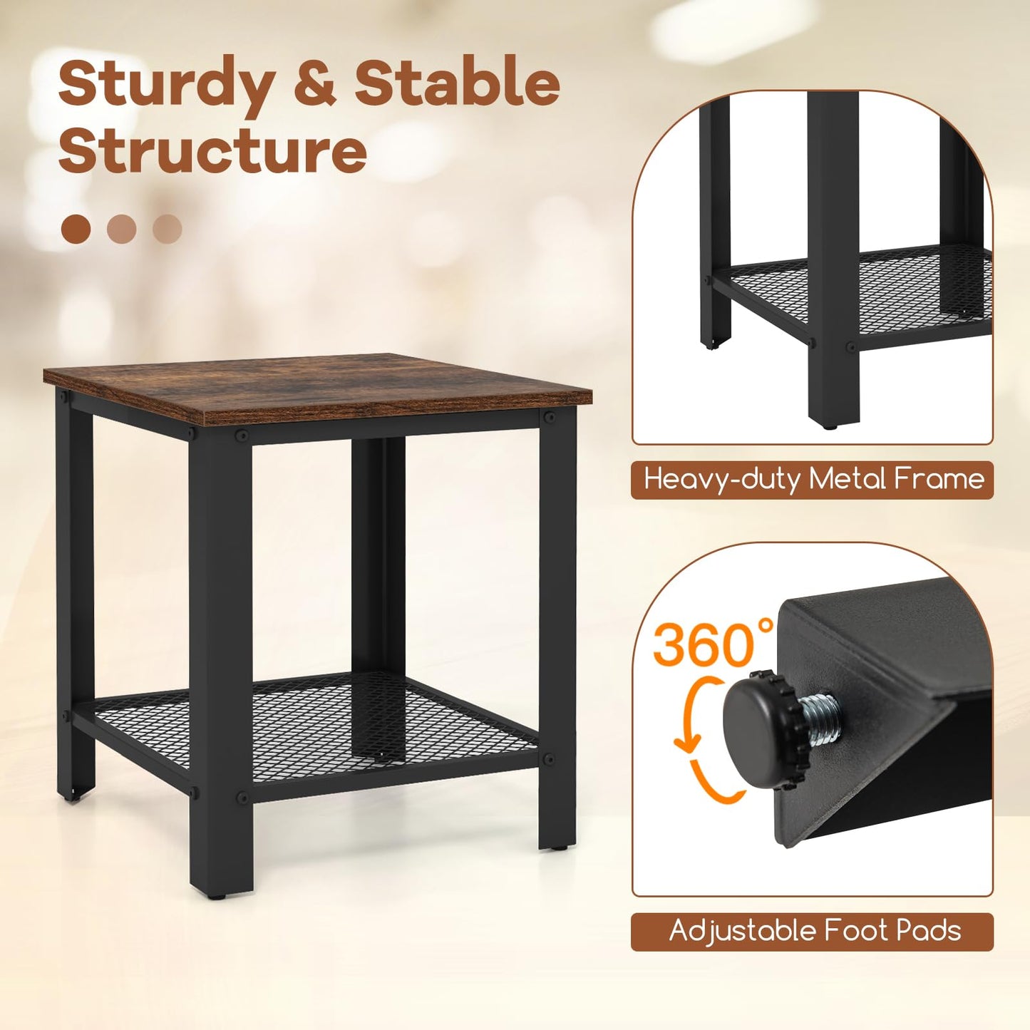 2 Tier End Table Square Sofa Side Table with Mesh Shelf