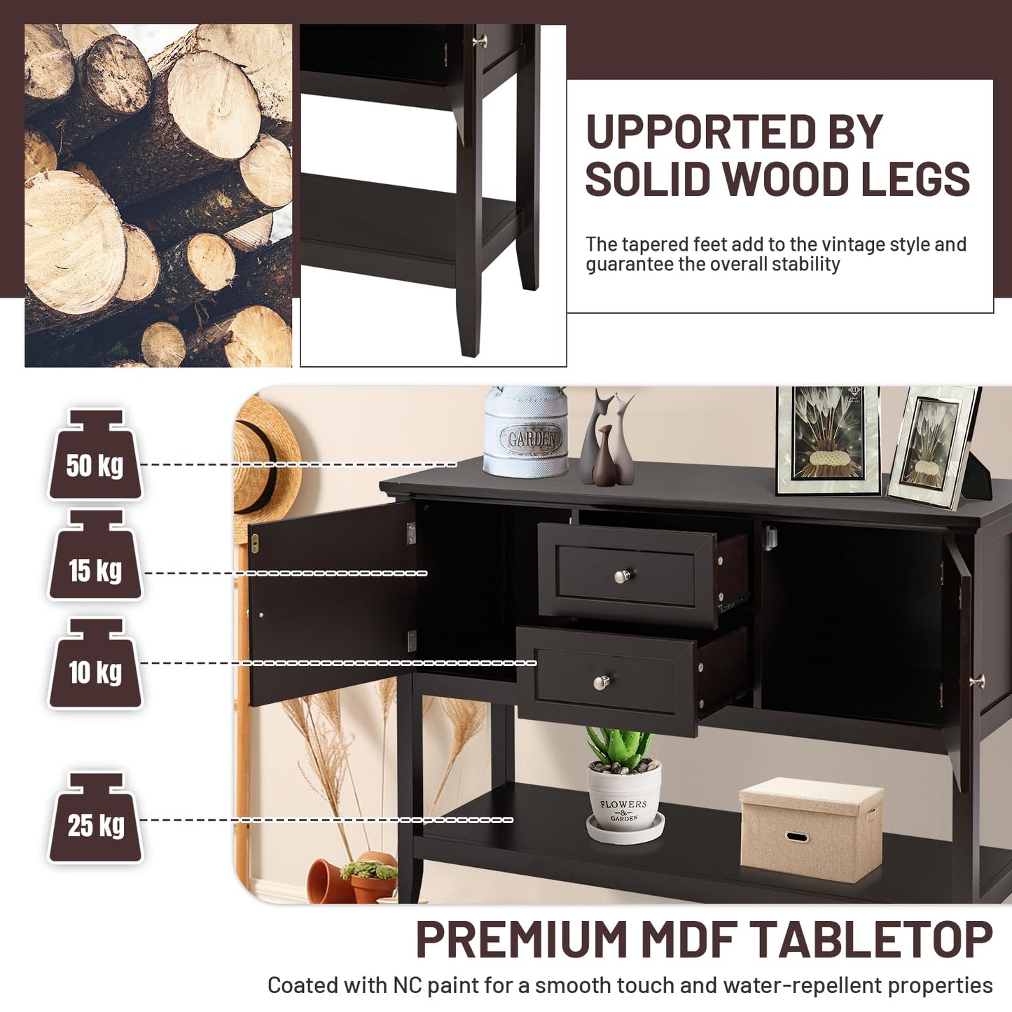 Wooden Buffet Table with Spacious Tabletop and Large Storage Rack