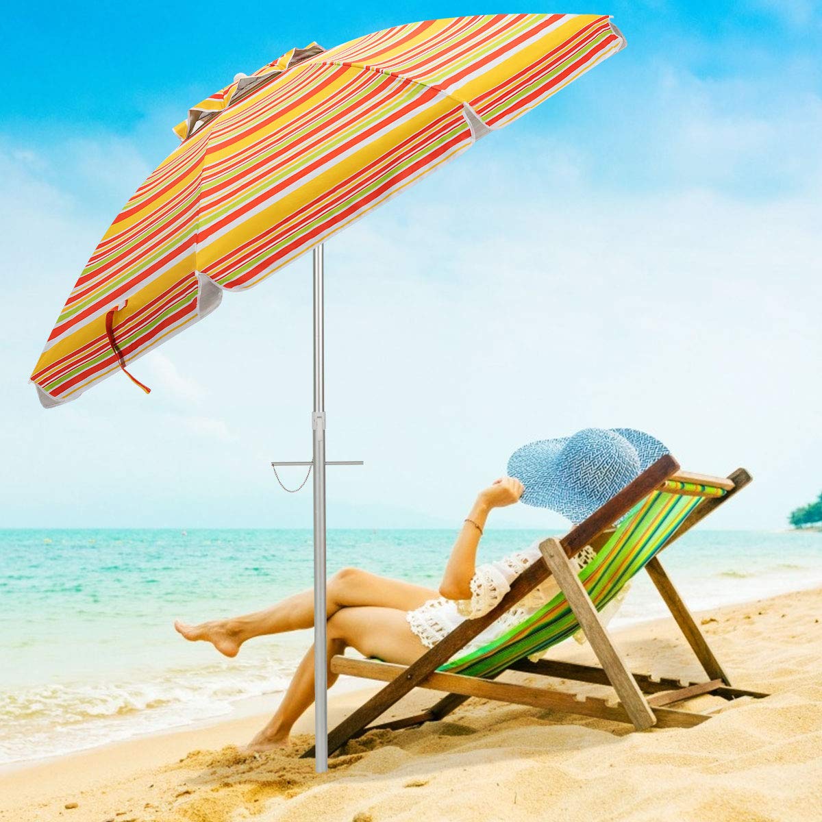 GiantexUK Portable Beach Umbrella, 2M Garden Parasol with UPF 50+ Sun Protection, Tilt Crank and Carry Bag