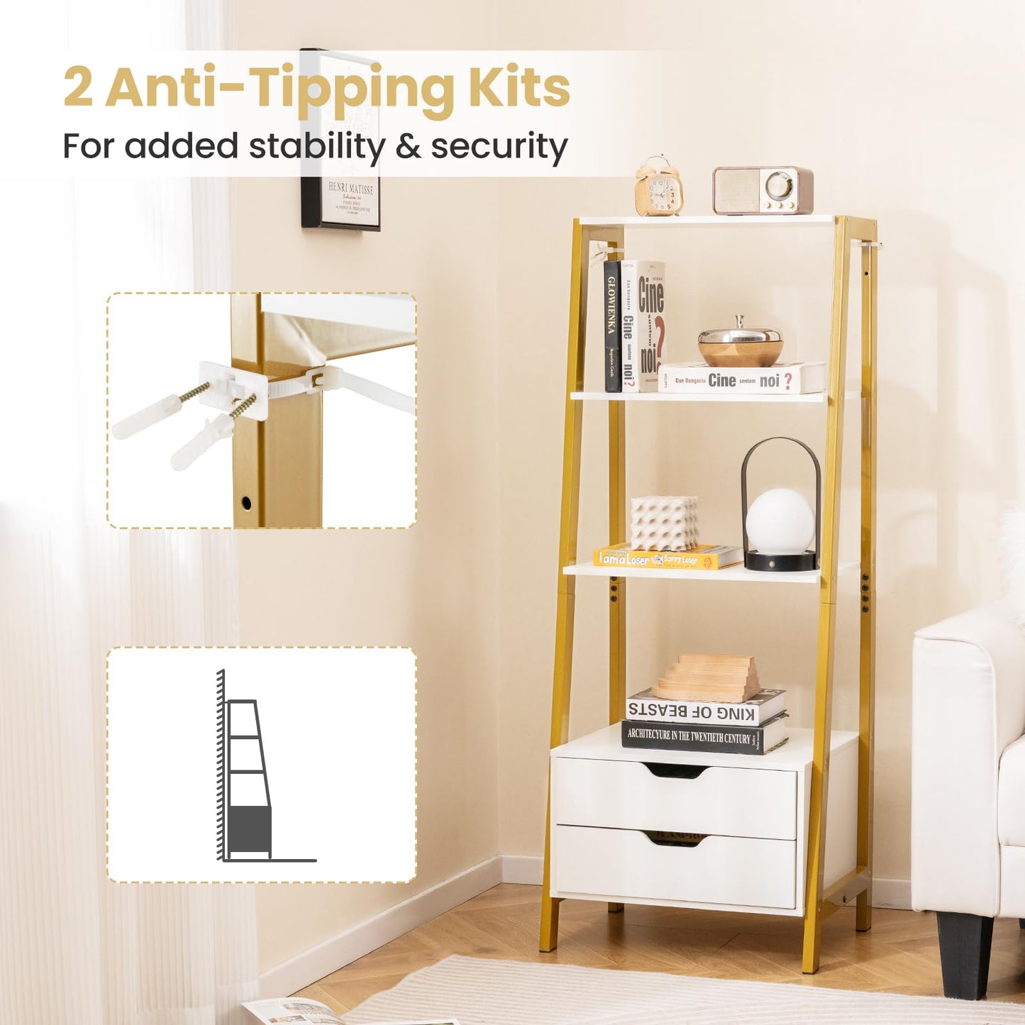 Ladder Bookshelf with Storage with 4 Open Shelves and 2 Drawers