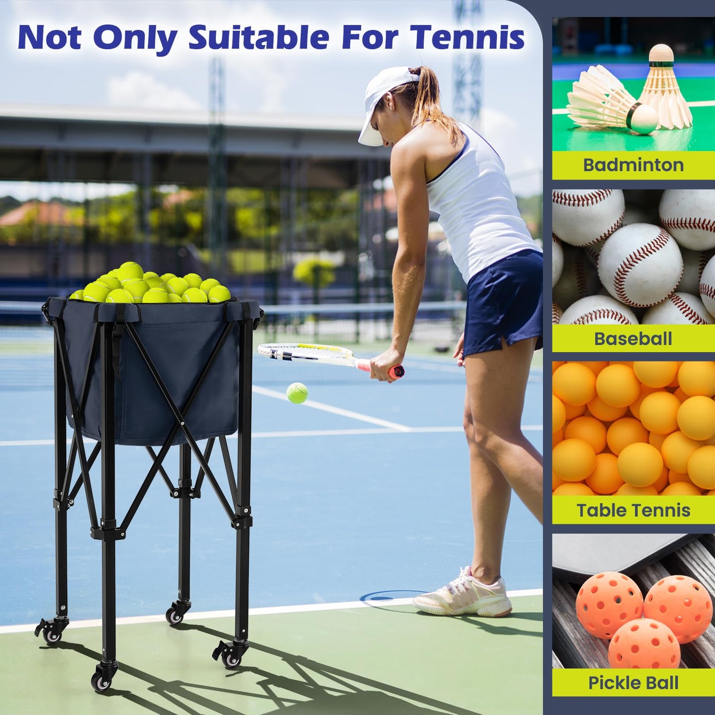 Foldable Aluminum Tennis Ball Cart Hopper Basket with Wheels