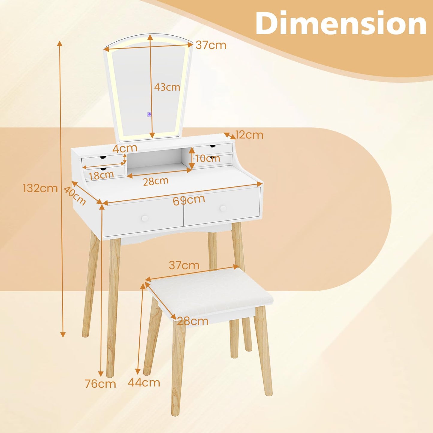 Dressing Table and Chair Set with 3 Lighting Modes and Natural Pine Wood Legs