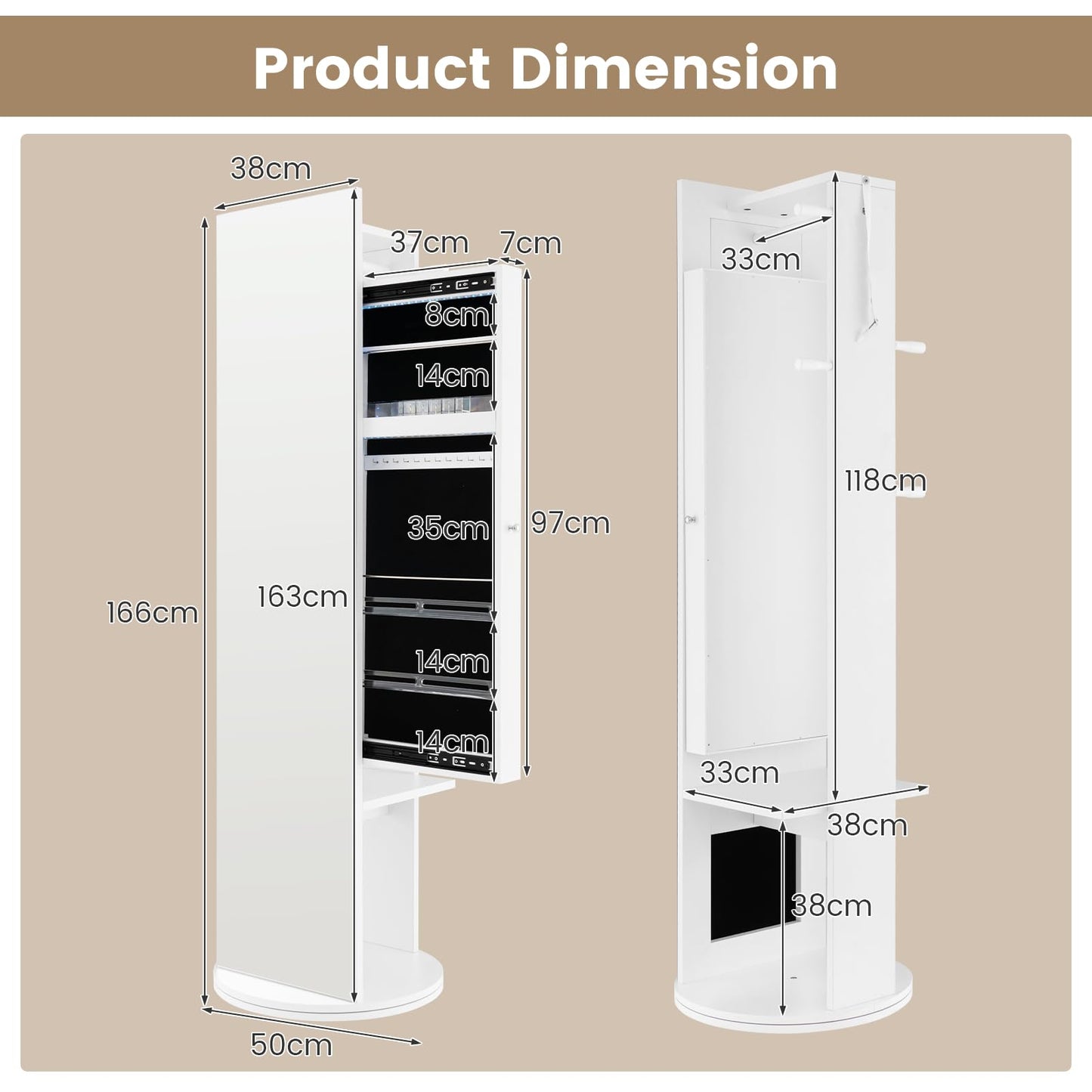 Swivel Jewelry Cabinet with Full-Length Mirror Cosmetics Storage