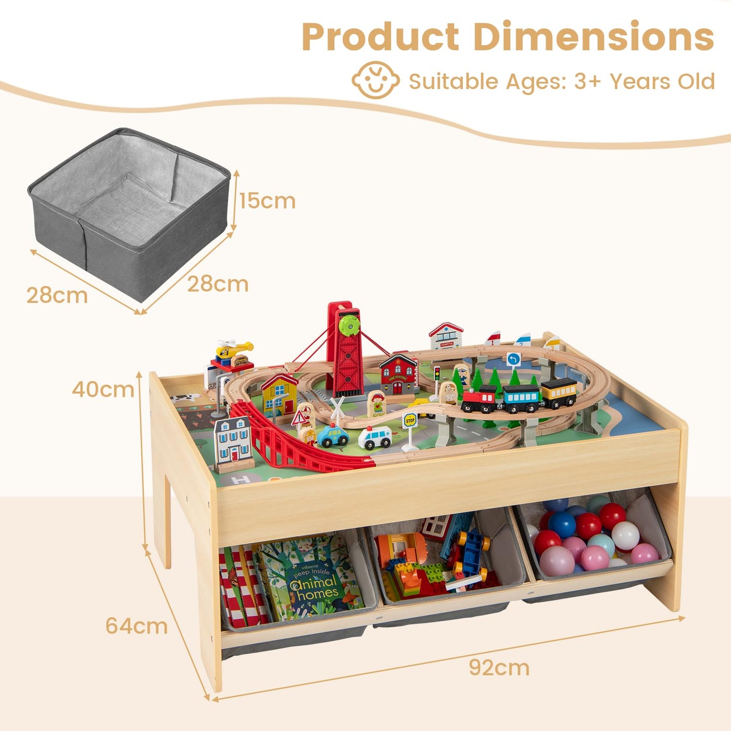 Wooden Train Set Table with 2 Reversible Tabletops and 3 Fabric Drawers