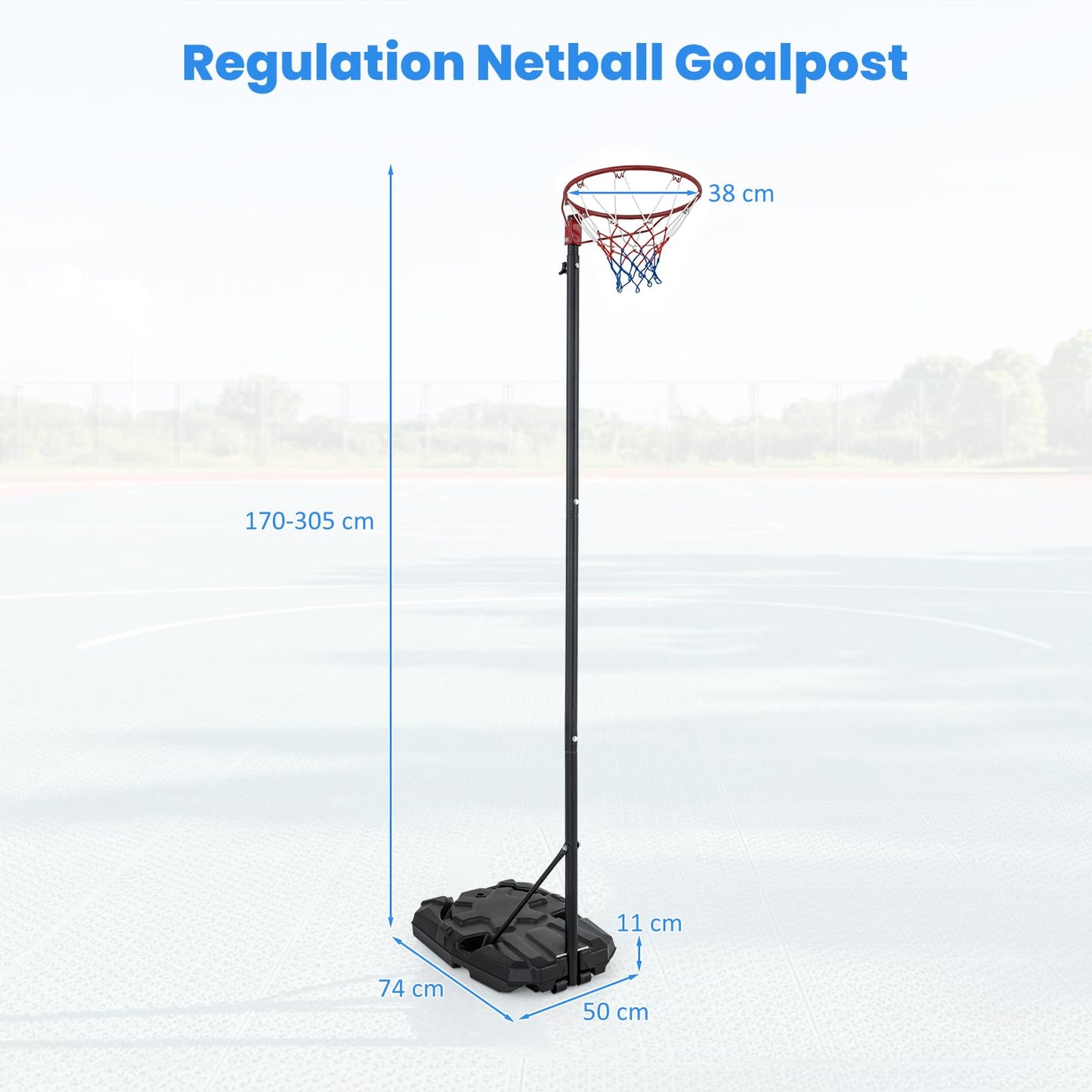 305 cm Portable Netball Post with Fillable Base and 10-Level Adjustable Height