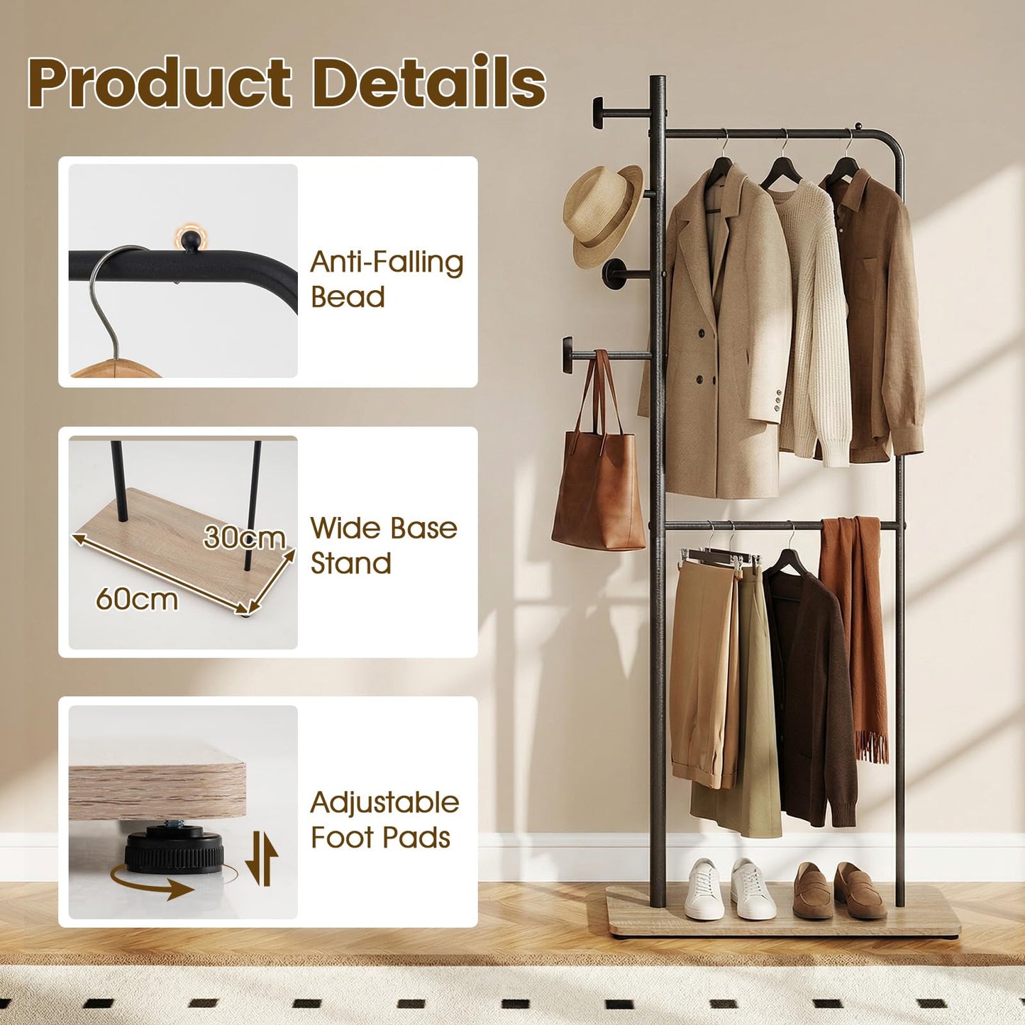 Heavy-Duty Clothes Rail, Metal Clothes Rack Garment Coat Stand with Double Rails