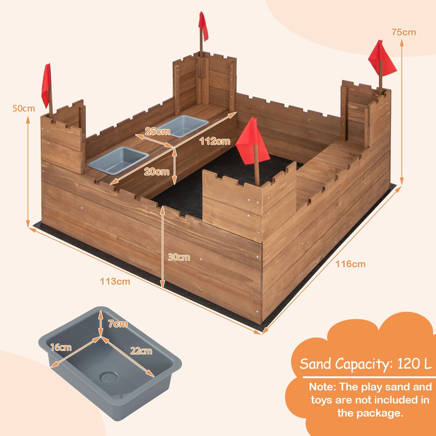 Solid Wood Kids Sandbox with 2 Bench Seats