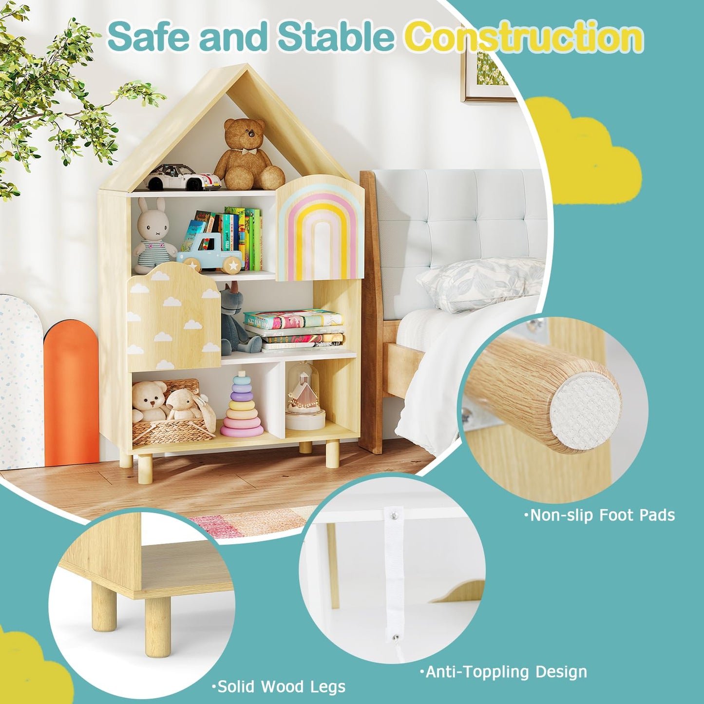 Kids Dollhouse Bookshelf with 2 Doors for Playroom Bedroom