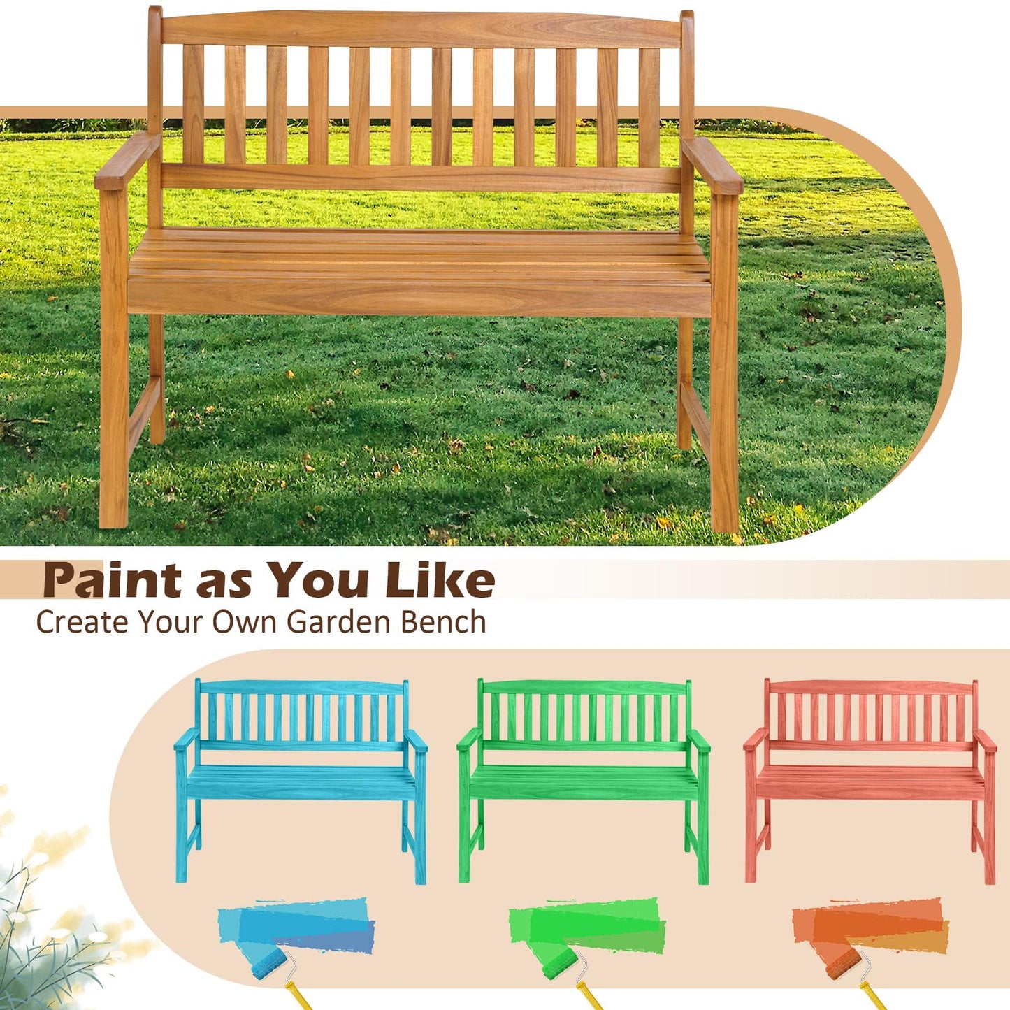 2-Person All-Weather Acacia Wood Patio Loveseat Park Bench Chair
