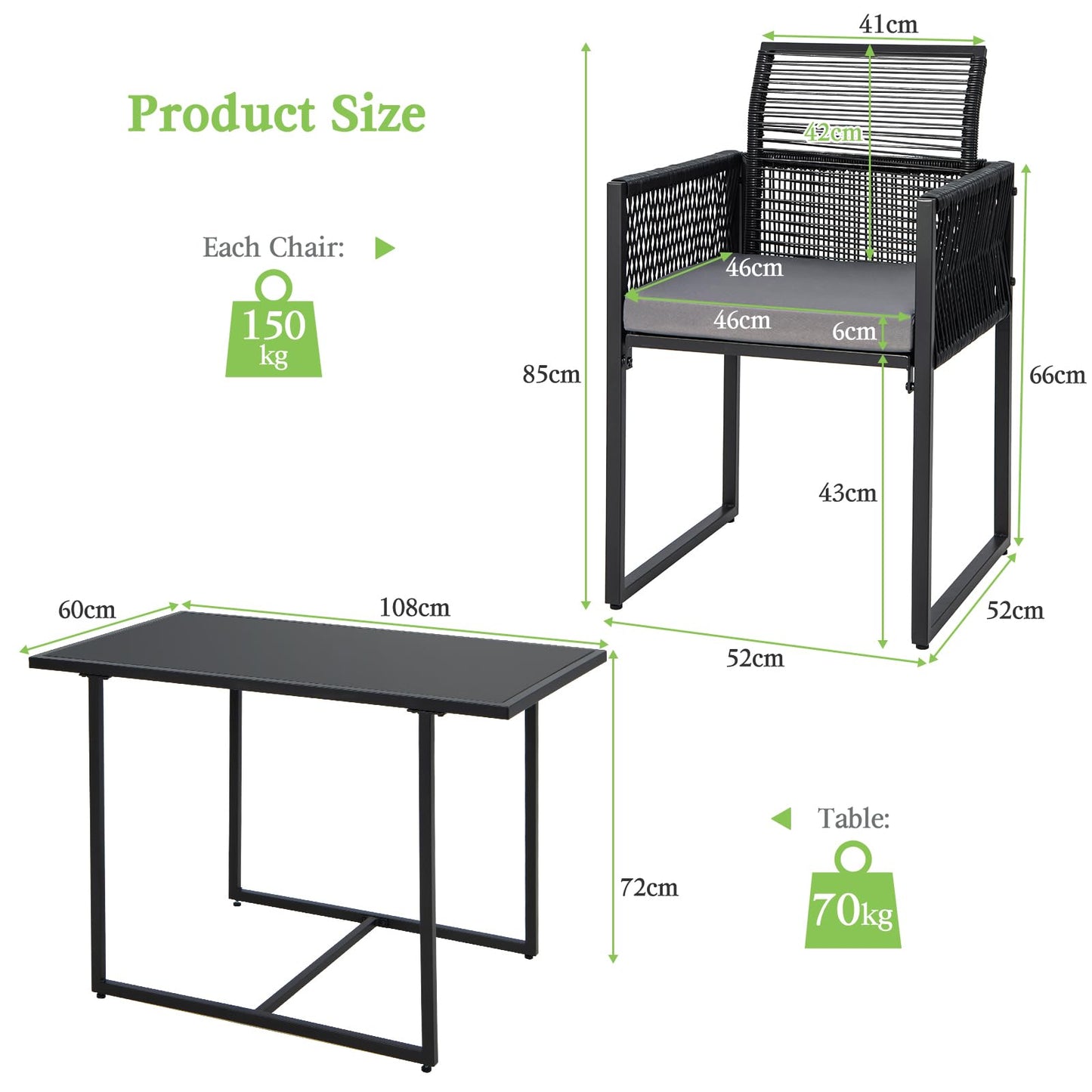 3 Pieces PE Rattan Outdoor Bistro Set with Cushions & Folding Backrests