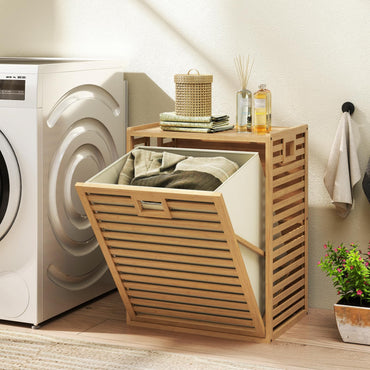 68 L Bamboo Tilt out Bathroom Laundry Hamper with Foldable Bin