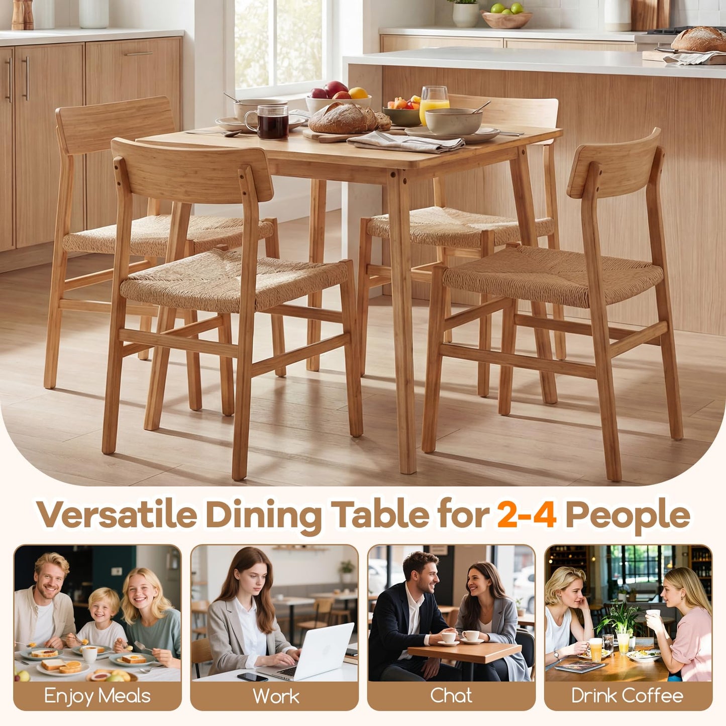 Dining Table for 2-4, Bamboo Square Kitchen Table with Anti-slip Footpads