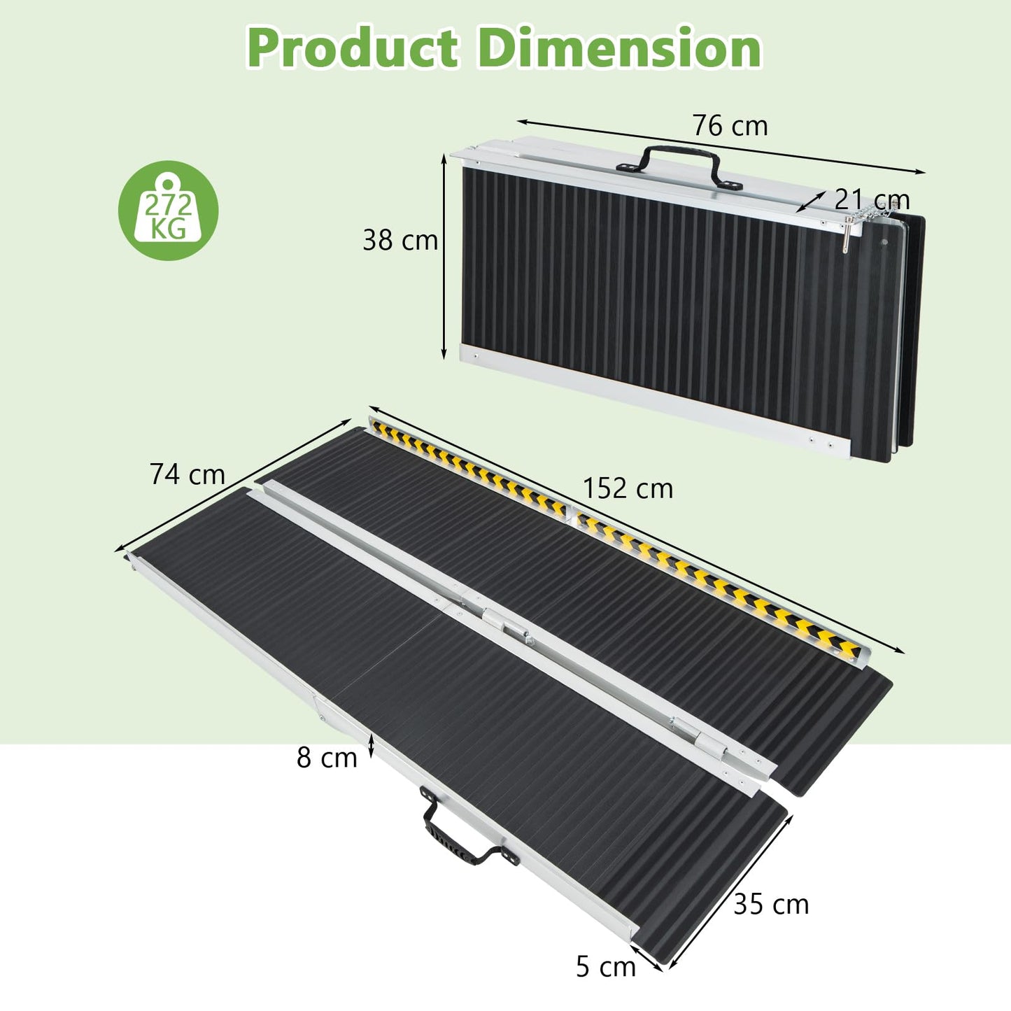 5FT Wheelchair Ramp with Transition Plate and Reflective Warning Stickers