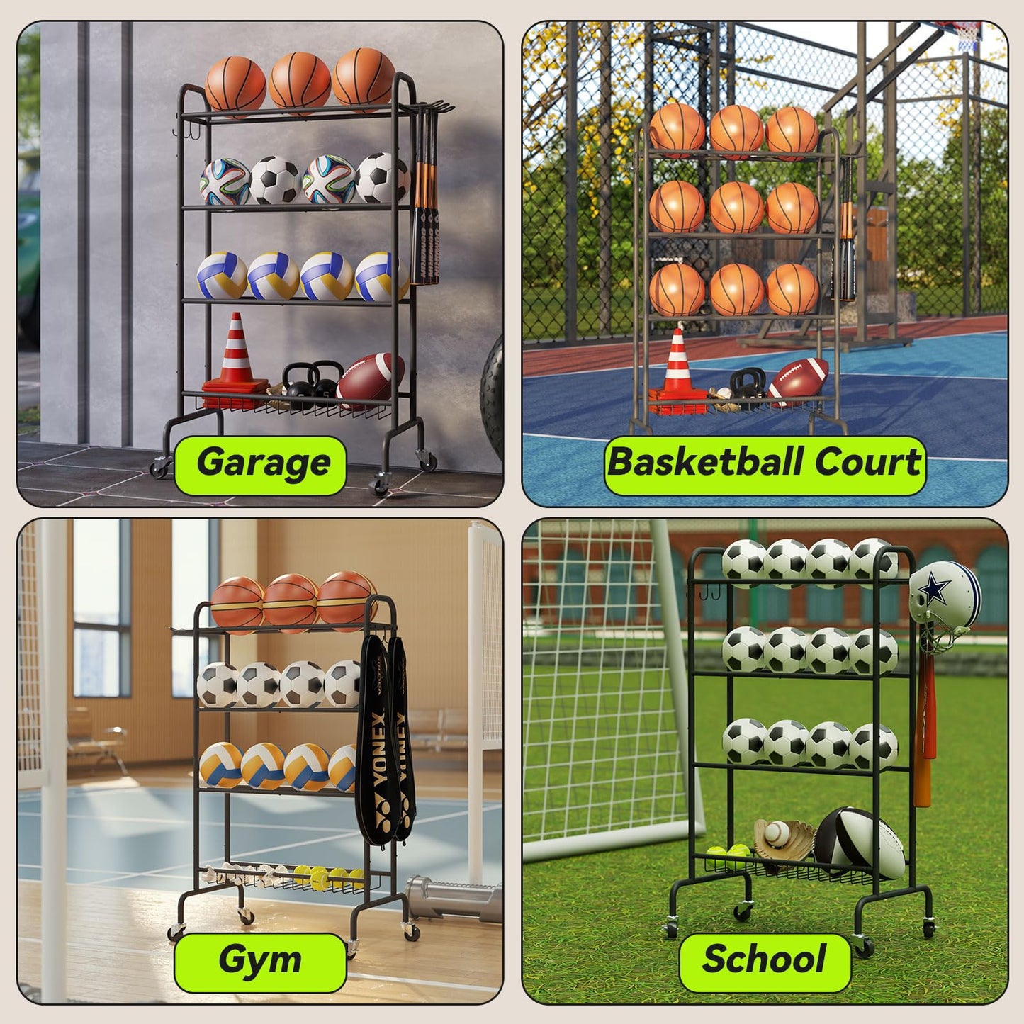 Ball Storage Rack, 4-Layers Rolling Basketball Football Rack with Wheels