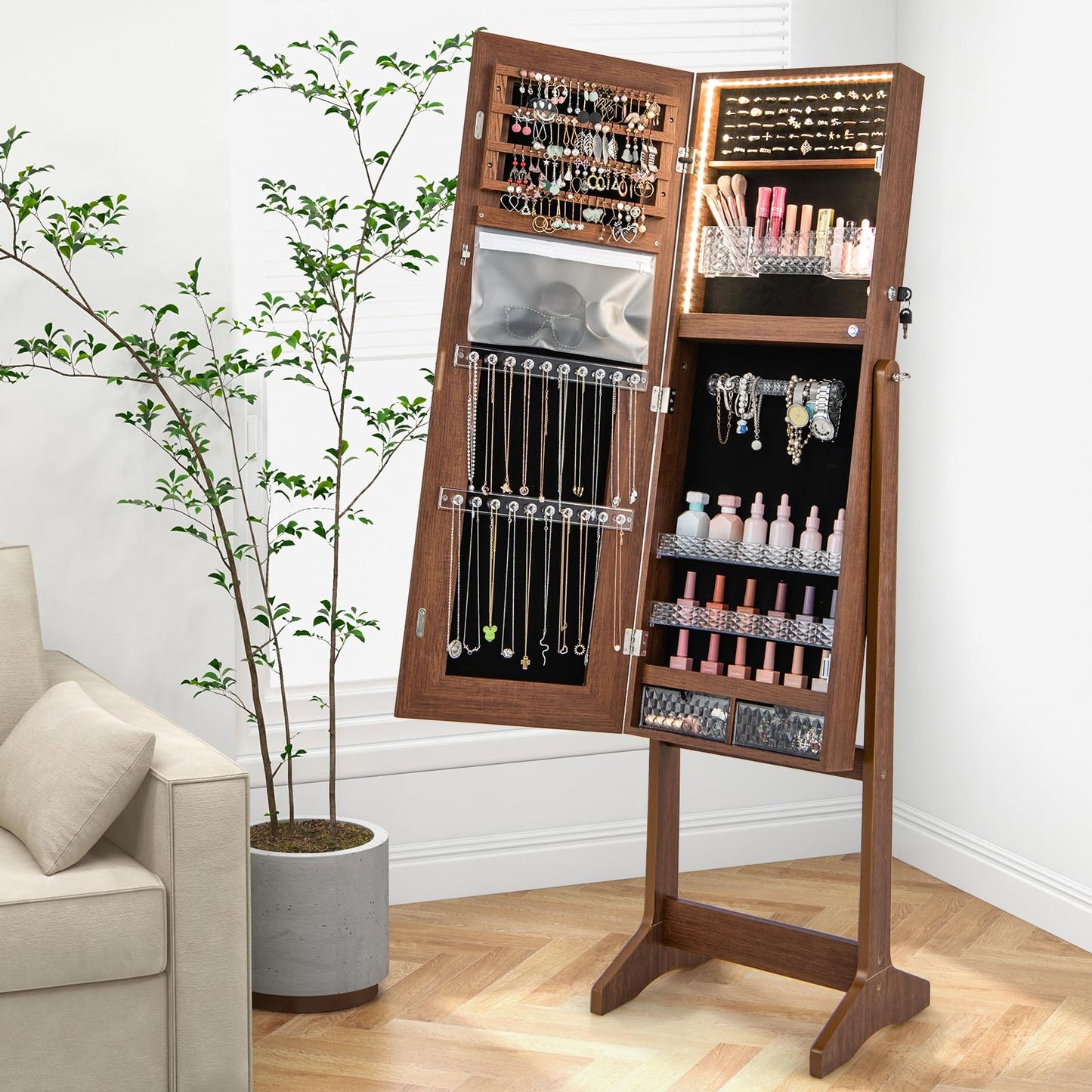Standing Jewelry Cabinet with LED Lights Lipstick Box and 2 Drawers