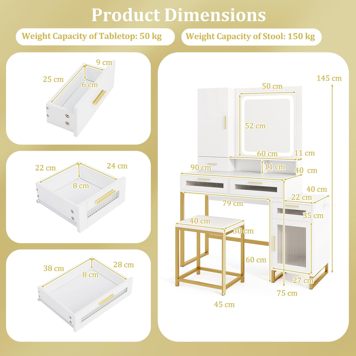 Dressing Table and Chair Set with 3 Lighting Modes and Adjustable Brightness