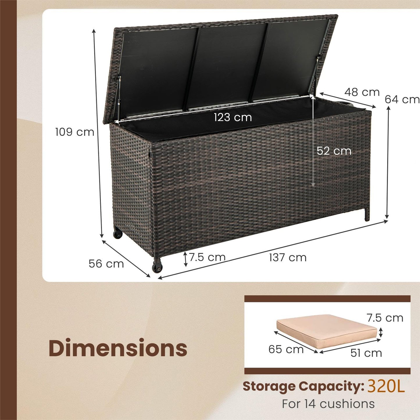 320L Waterproof Rattan Deck Box with Zippered Liner