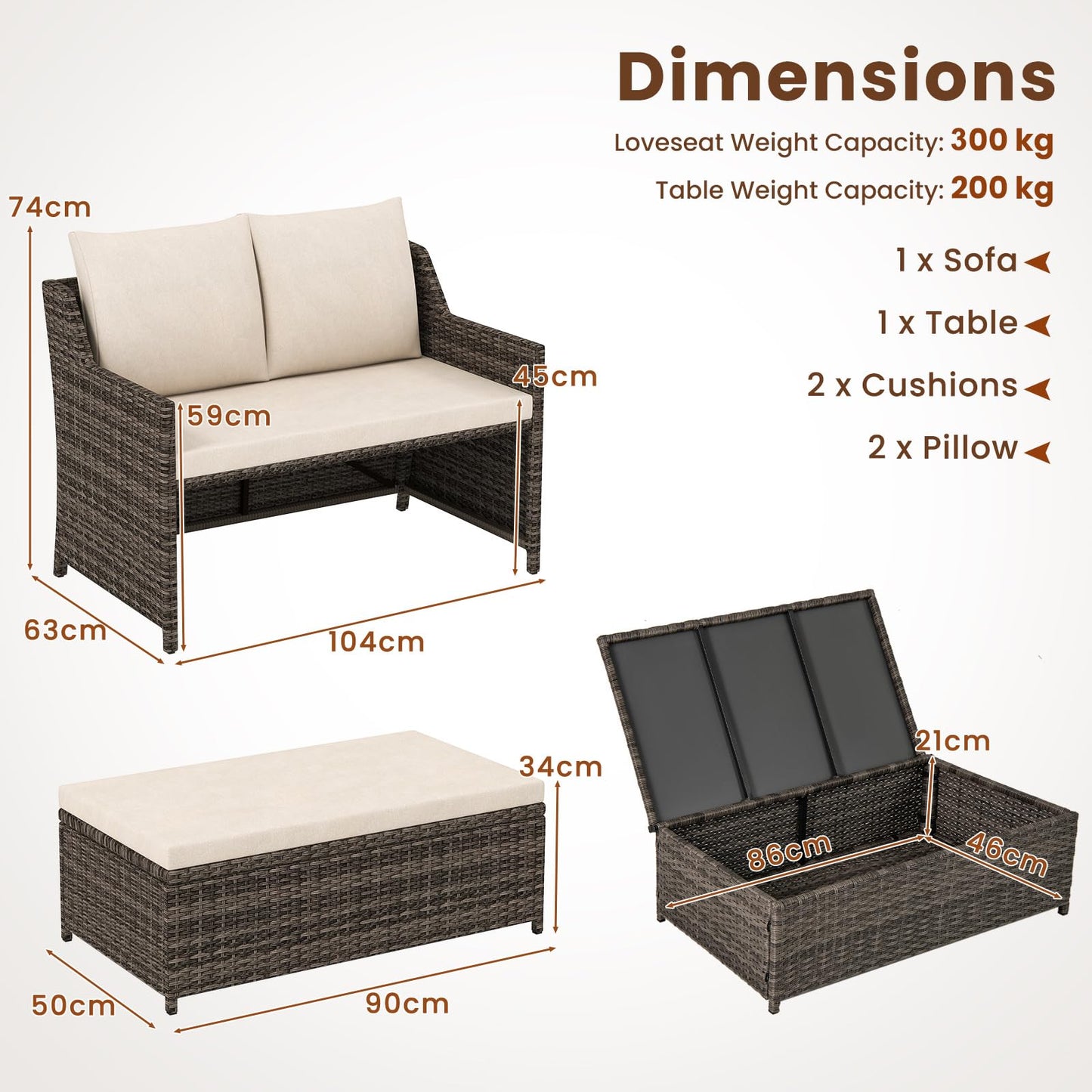 Outdoor PE Rattan Conversation Set with Built-in Storage Bin