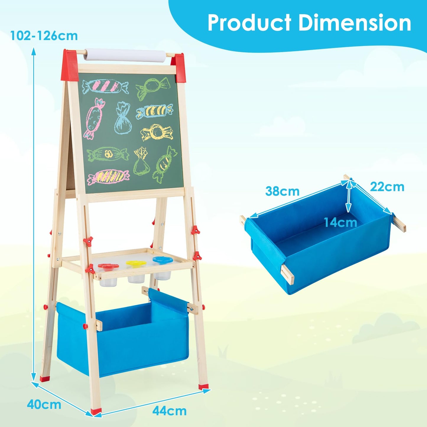 Adjustable Height Double Sided Easel with Magnetic Chalkboard for Toddlers