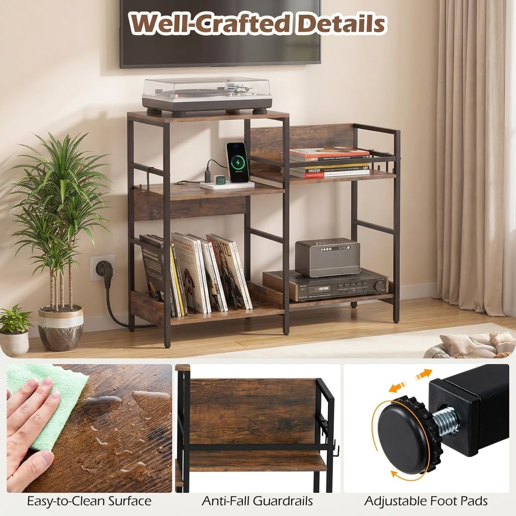 Turntable Stand with Record Rack Hanging Hooks and Compartments for Bedroom