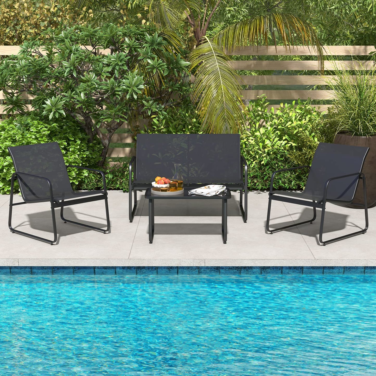 Metal Frame Conversation Set with Loveseat & Glass Coffee Table