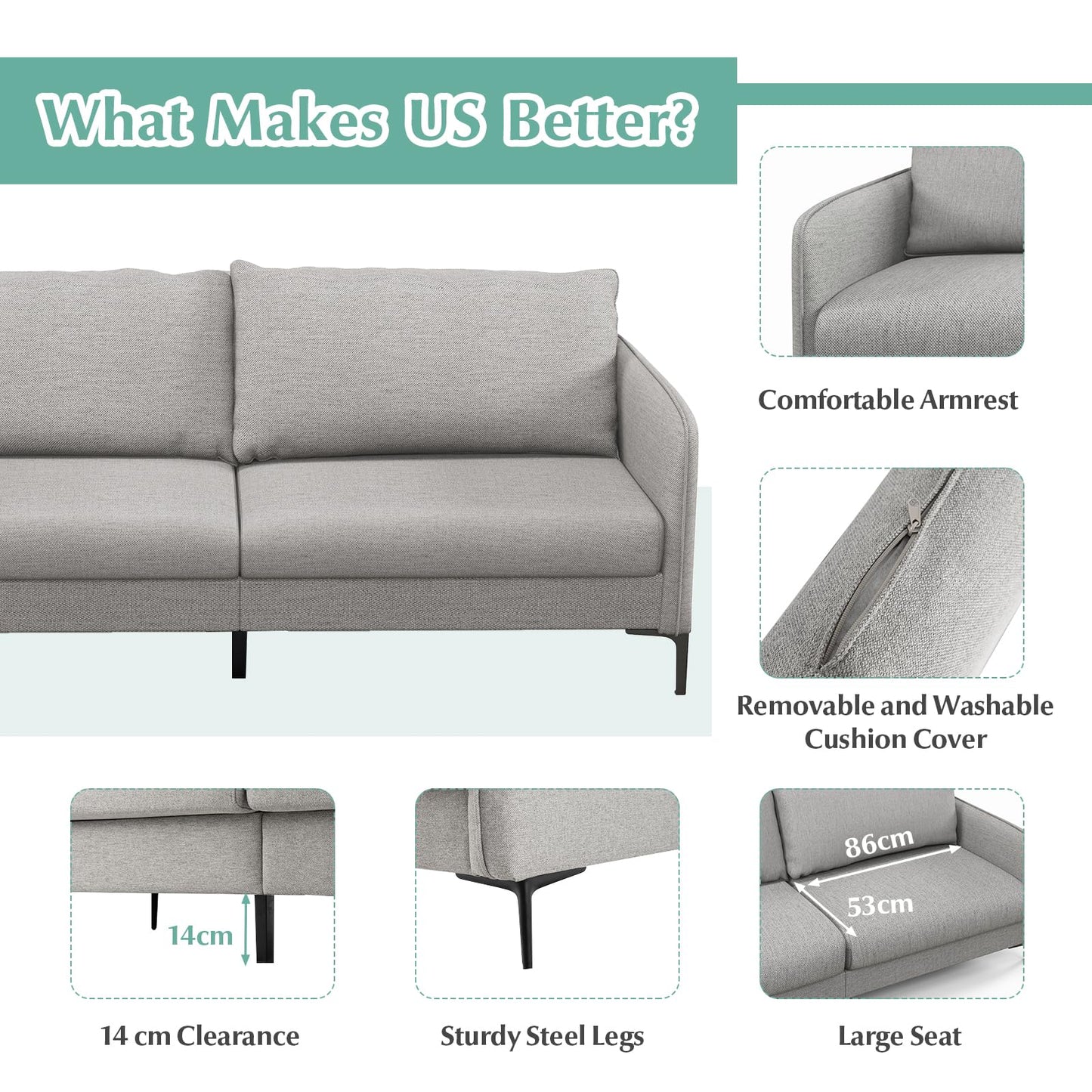 Modern Loveseat 3-Seater Upholstered Sofa with Washable Cushion Covers