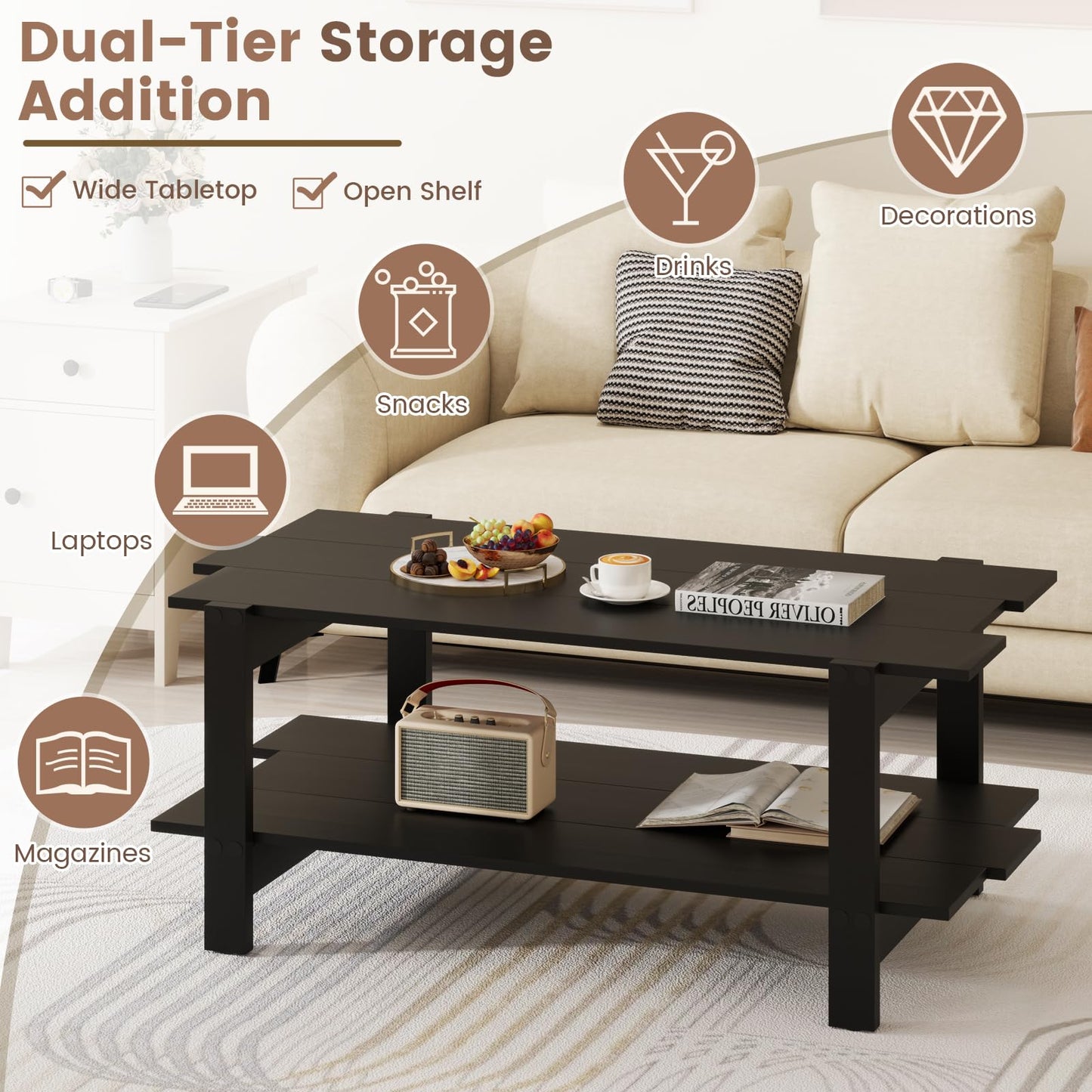 2 Tier Coffee Table with Storage Shelf for Living Room