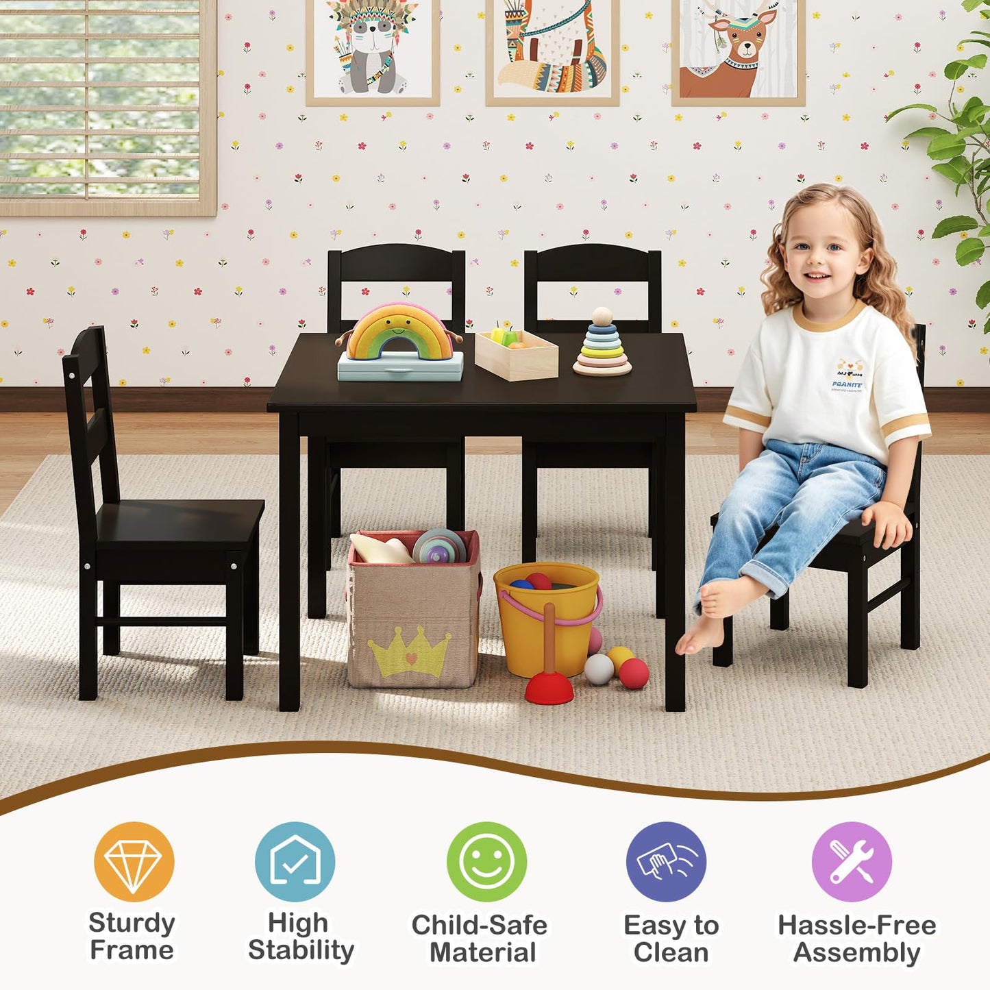 5pcs Activity Wooden Children Desk Chair Set for Preschool Girls Boys