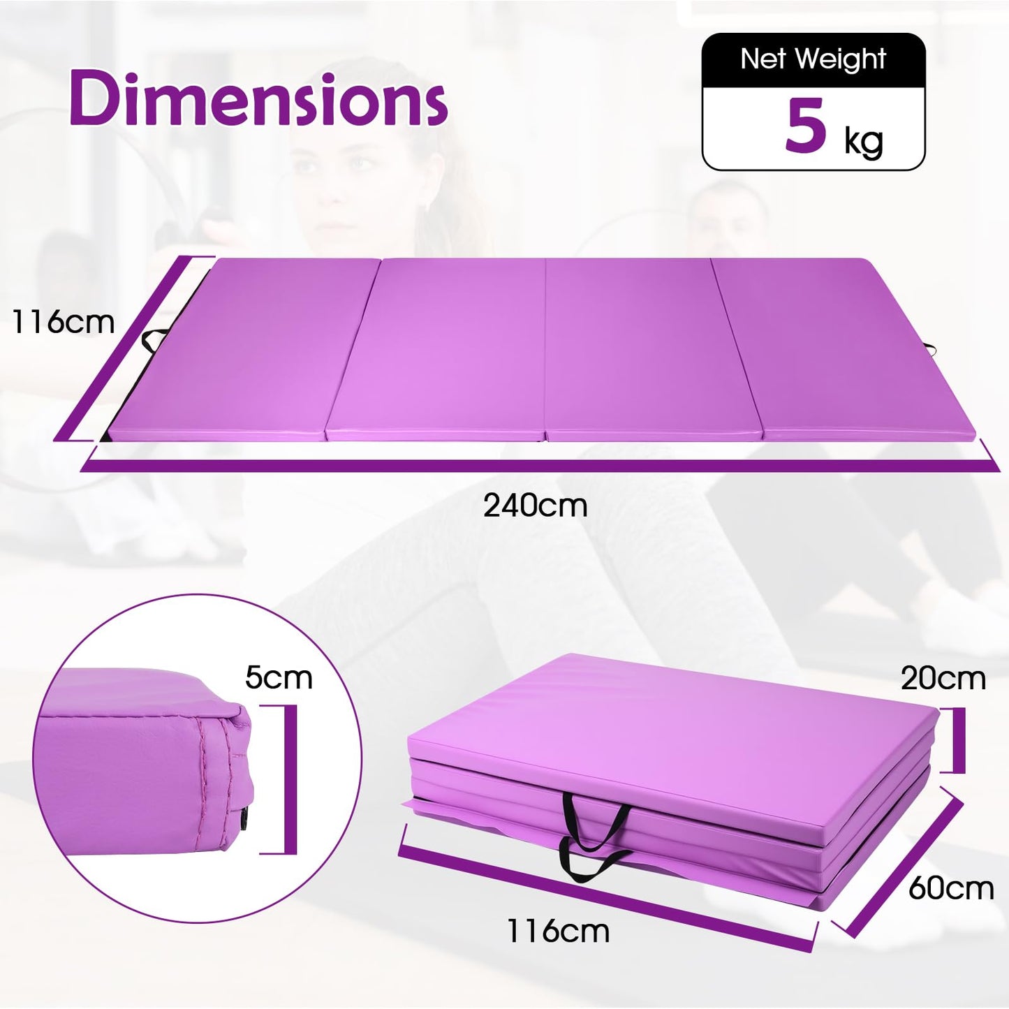 240 x 116 x 5 cm Folding Soft Floor Mat with Carry Handles and Hook & Loop Fasteners