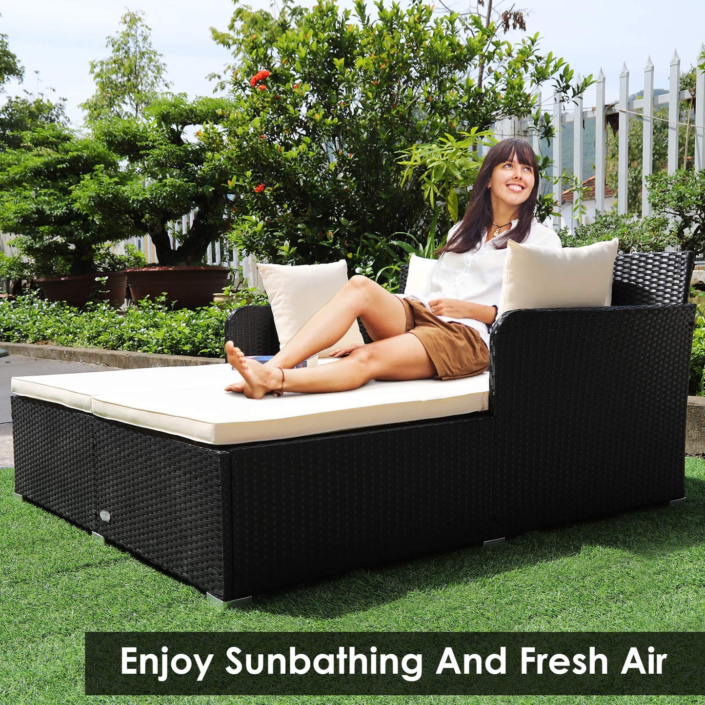 Outdoor Sun Lounger Patio Conversation Recliner with Upholstered Cushion