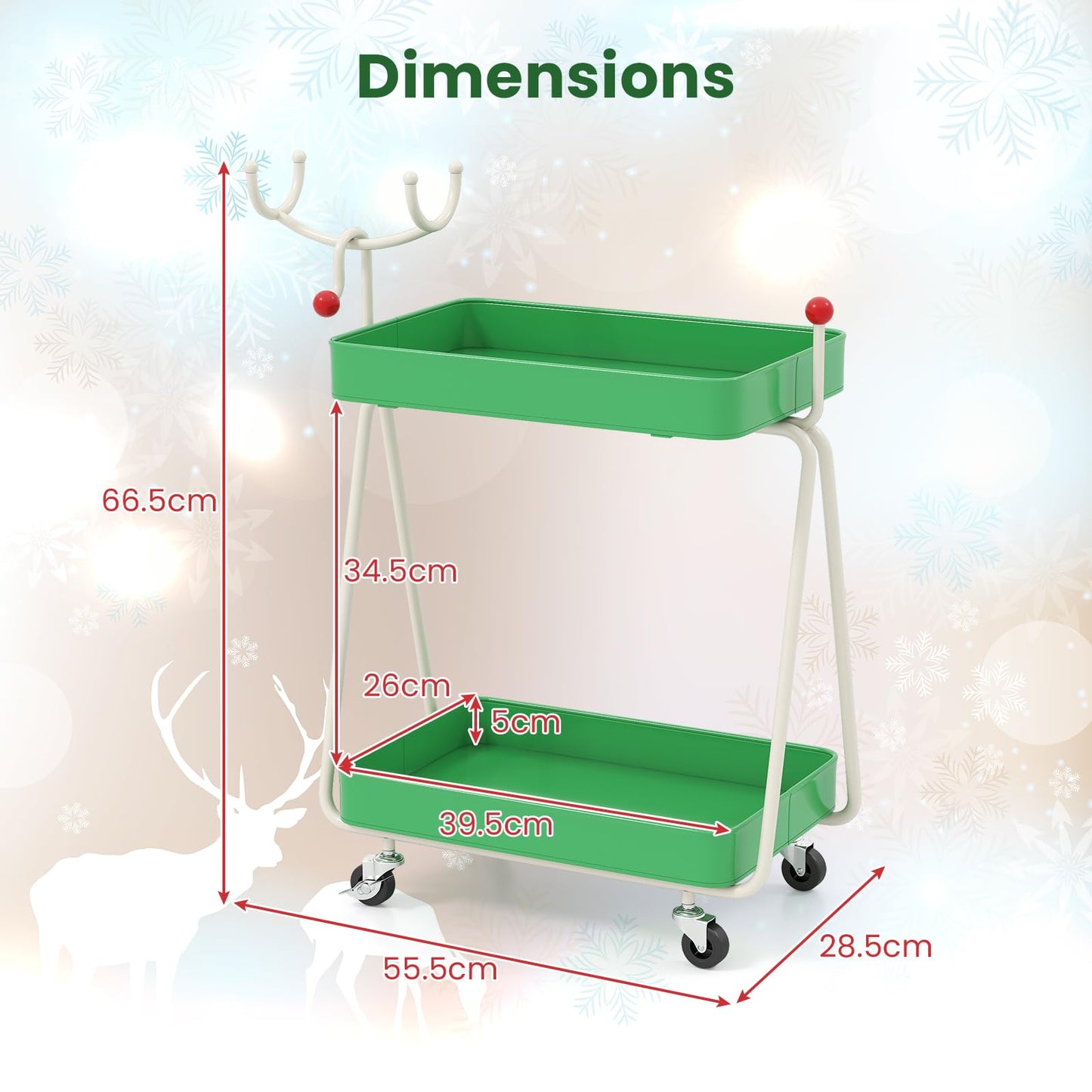 Reindeer Side Table 2-Tier Christmas Rolling Cart with Metal Frame and Wheels