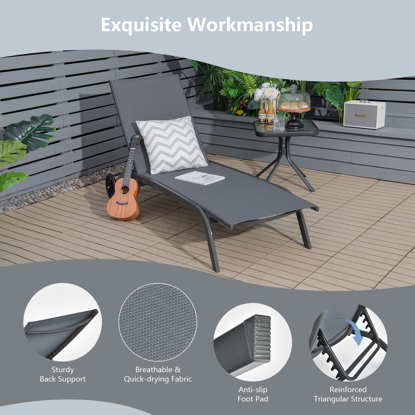 6 Positions Adjustable Chaise Lounge Deck Sunbed