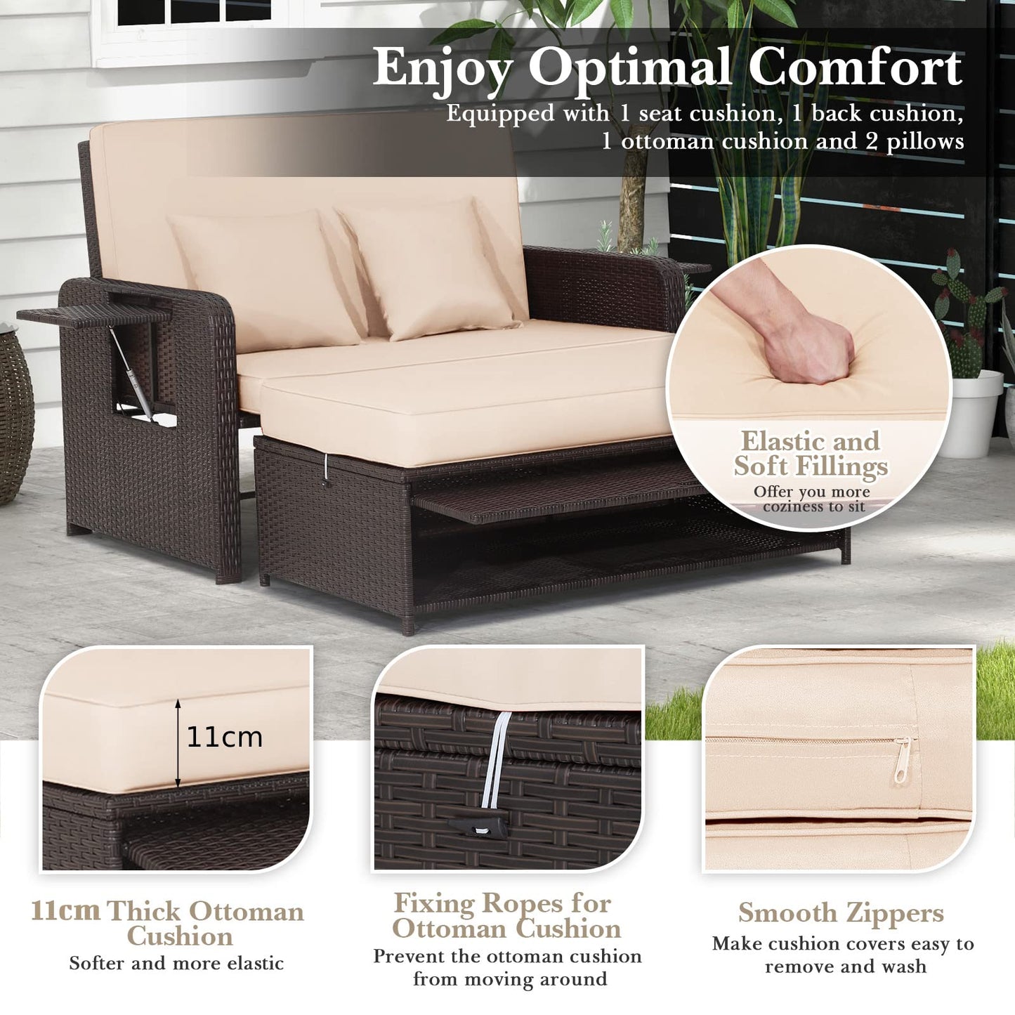 4-Level Adjustable Patio Wicker Loveseat Sofa Bed Sun Lounger with Storage Ottoman