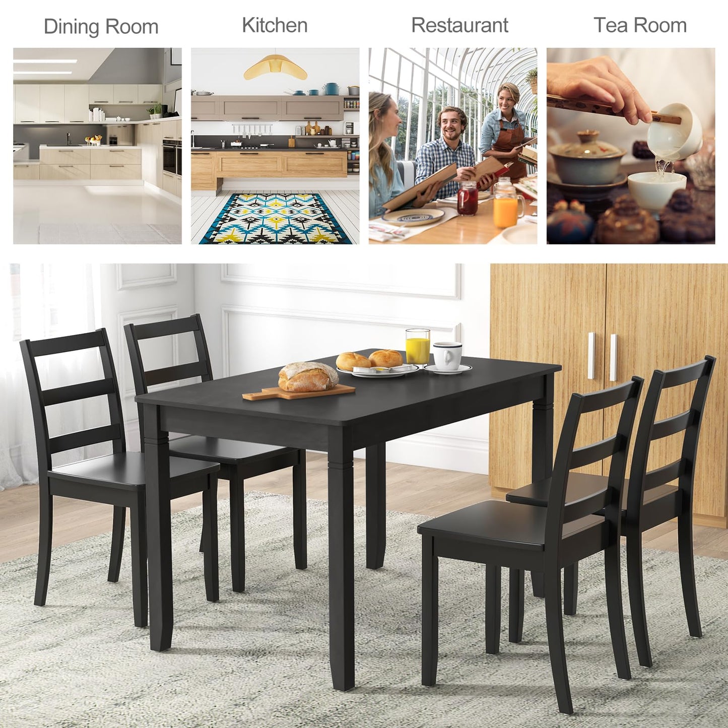 Wooden Rectangular Dining Table with Rubber Wood Legs for 4 People
