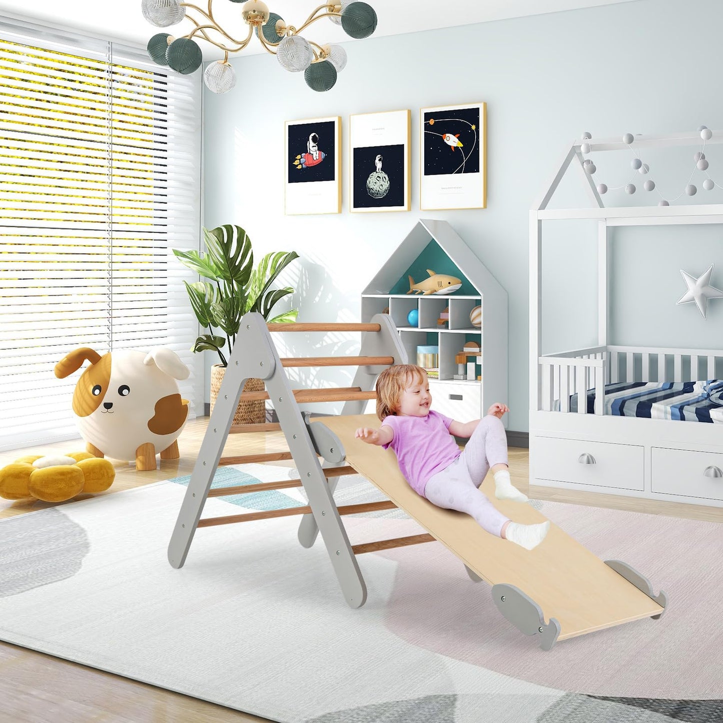 Giantex Toddler Climbing Frame Kids Wooden Montessori Triangle Climber with Double Sided Ramp