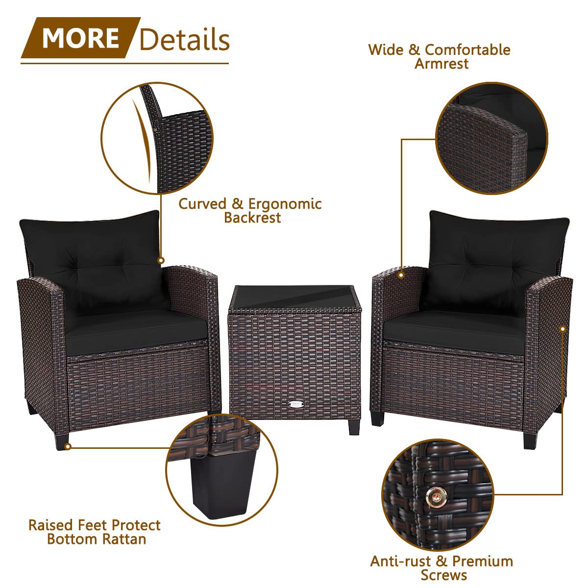 Metal Frame Garden Coffee Table and Sofa Chairs Set with Cushions