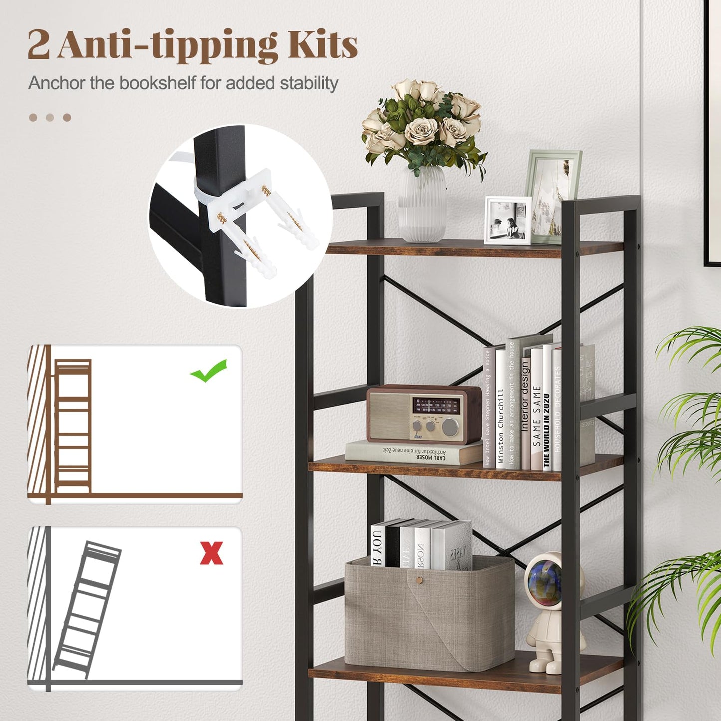 Wooden Storage Bookcase Ladder Shelving Unit with X-Shaped Bar