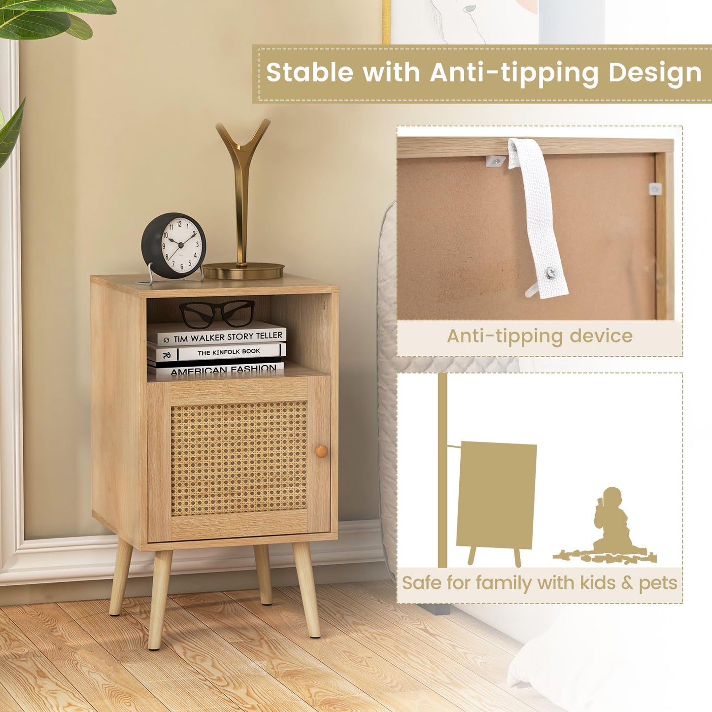 Rattan Nightstand with Storage and PE Rattan Decorated Door