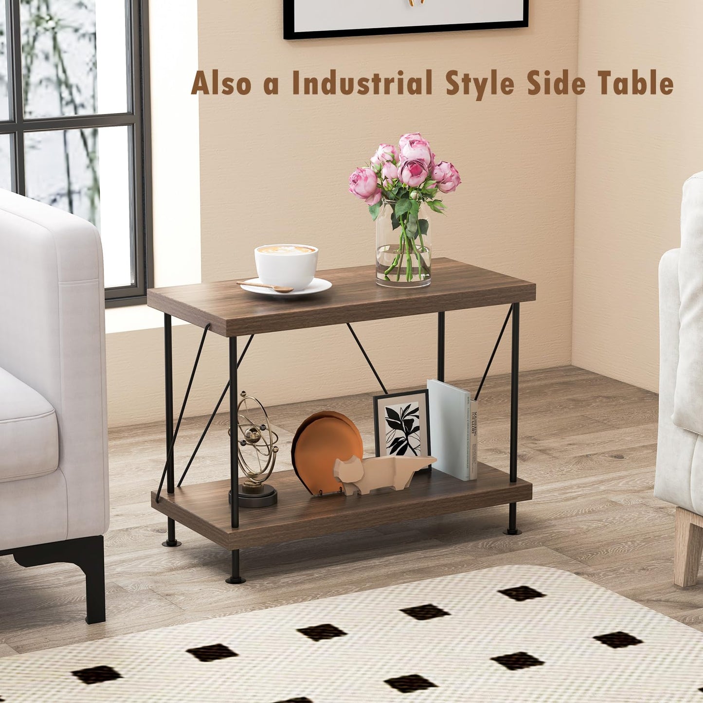 2-Tier Multipurpose Display Rack with Metal Frame for Living Room Home Office